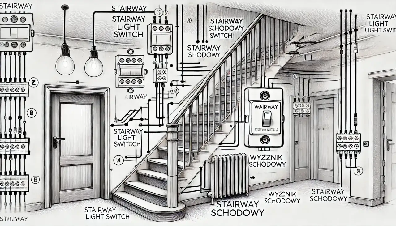 Schemat instalacji schodowej z wyłącznikiem schodowym. Pokazuje, ile żył potrzebuje wyłącznik schodowy do prawidłowego działania.