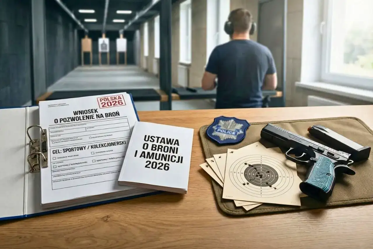 Formularz wniosku o pozwolenie na broń, pistolet, magazynki, tarcze strzelnicze i odznaka policyjna.