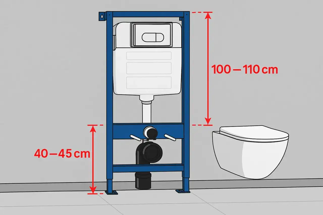 Schemat instalacji podtynkowej WC. Wymiary: 100-110 cm wysokości stelaża, 40-45 cm od podłogi do dolnej części stelaża. To pokazuje, ile miejsca na WC potrzebujesz.