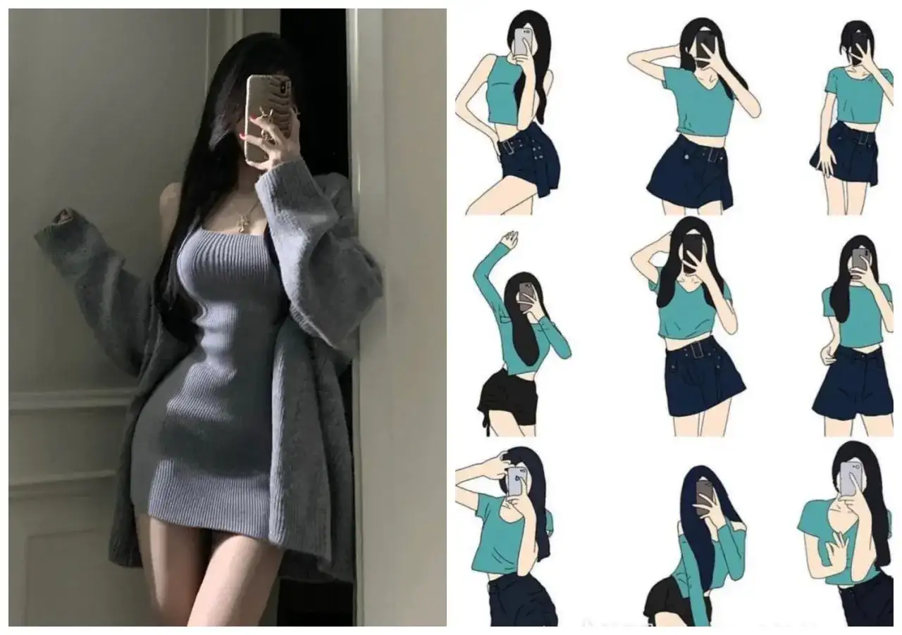 Kobieta robi selfie w lustrze, zasłaniając twarz telefonem. Obok ilustracje różnych póz do zdjęć.