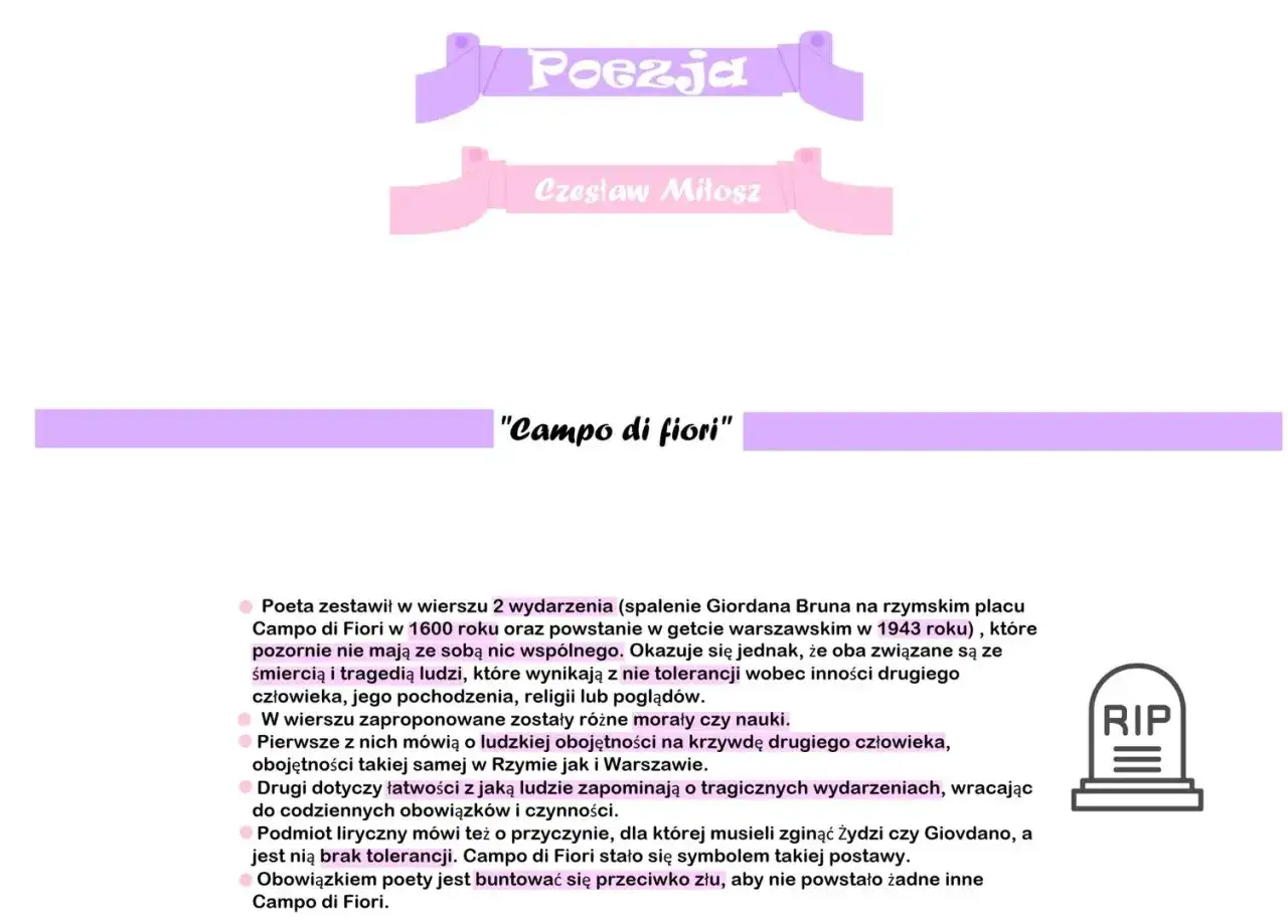 Wiersz "Campo di fiori" Czesława Miłosza zestawia spalenie Giordana Bruna z powstaniem w getcie warszawskim, ukazując obojętność i brak tolerancji.