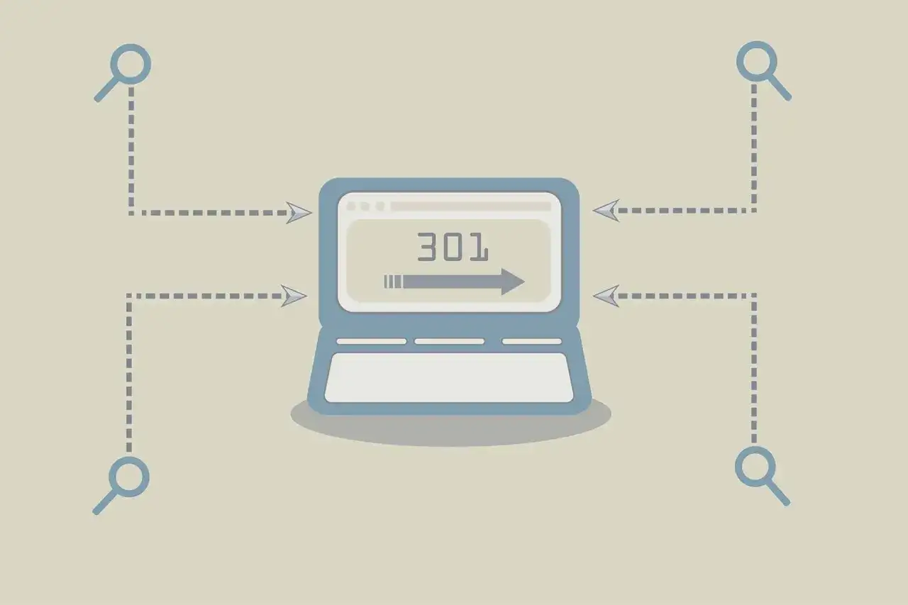Laptop z ikoną lupy i strzałką wskazującą na "301" symbolizuje przekierowanie 302.
