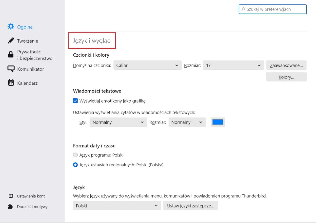 Ustawienia programu Thunderbird: zakładka "Język i wygląd". Wybierz język programu, aby zmienić język w przeglądarce Firefox.