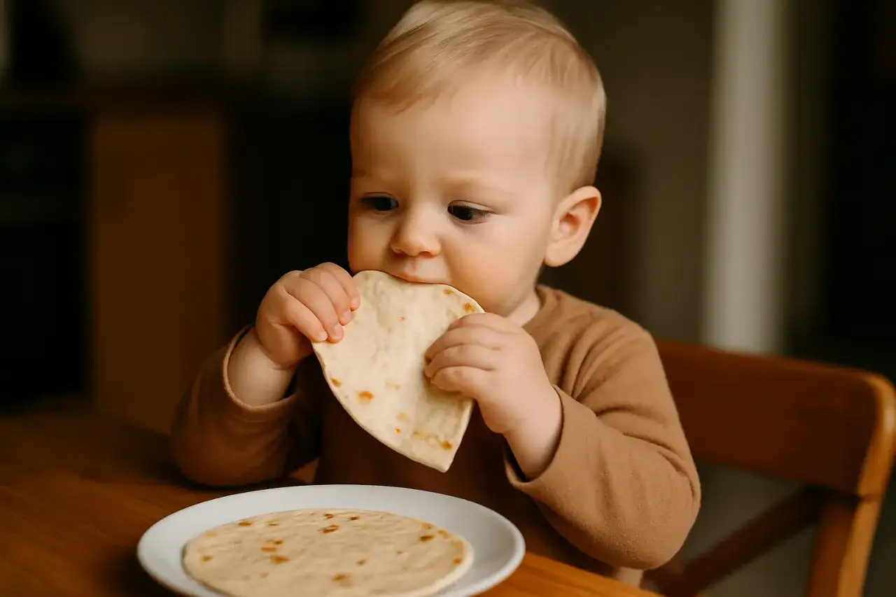 Małe dziecko gryzie kawałek tortilli pszennej, zastanawiając się, czy tortilla pszenna jest zdrowa.