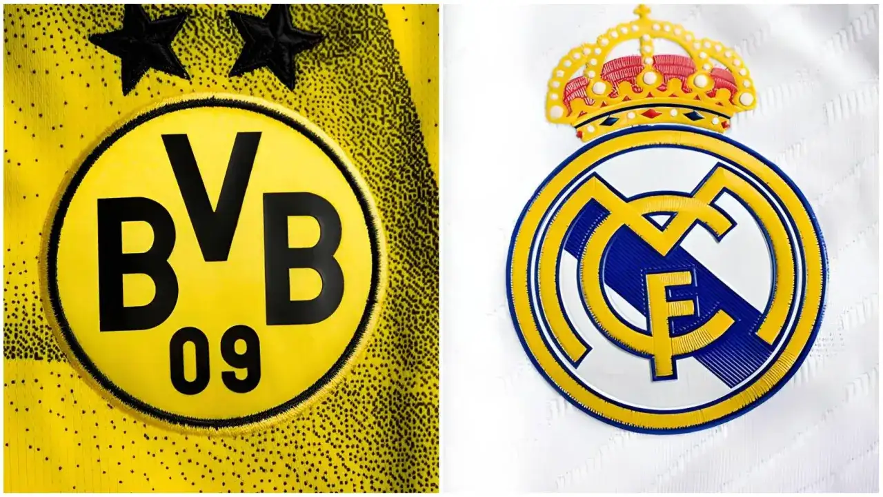 Loga Borussii Dortmund i Realu Madryt na tle koszulek.