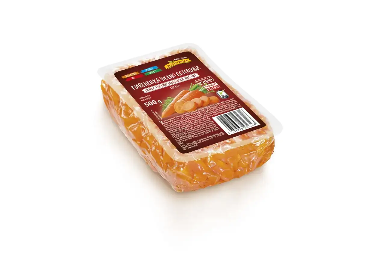 Gotowana marchewka w opakowaniu, idealna do zup i sałatek. Czy gotowana marchewka traci witaminy? Ta metoda sous vide zachowuje ich maksimum.