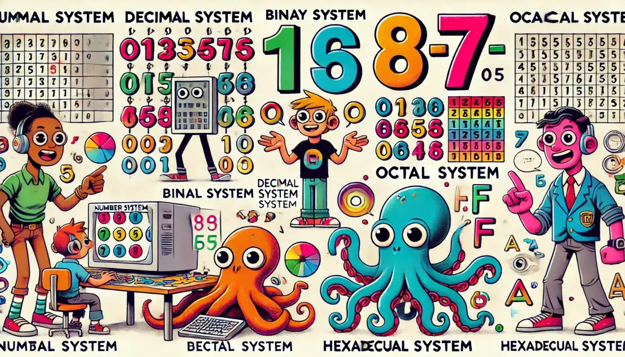 Kolorowa grafika edukacyjna o systemach liczbowych. Pokazuje, jak zamienić system dziesiętny na binarny, z postaciami i przykładami.