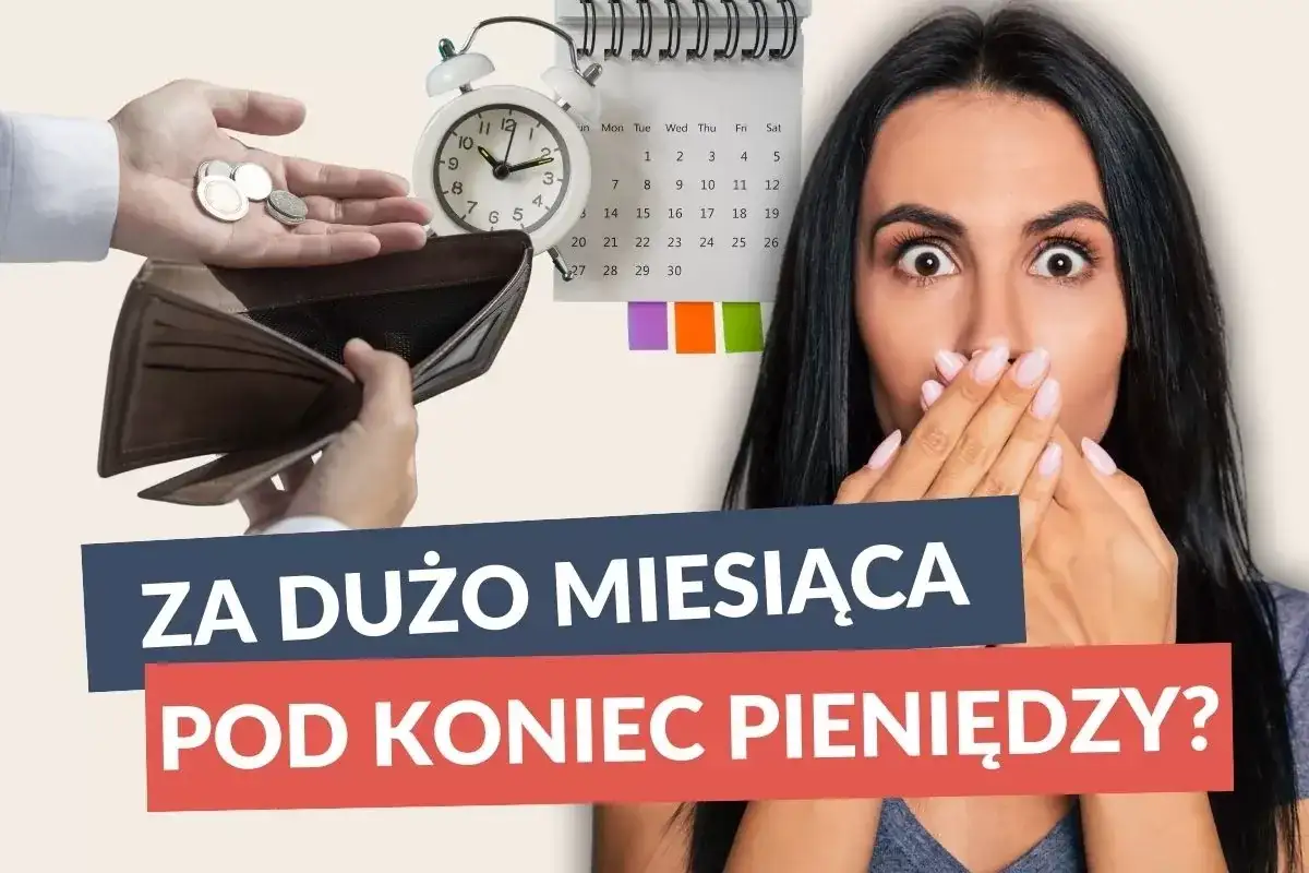 Zaskoczona kobieta z pustym portfelem i zegarem. Czy to za dużo miesiąca pod koniec pieniędzy?