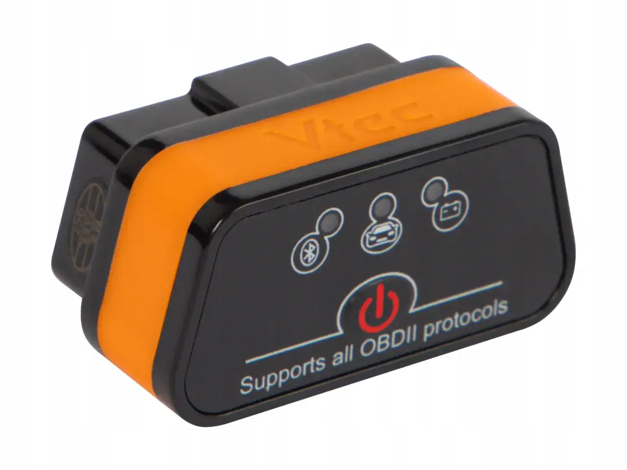 Pomarańczowo-czarny adapter OBD2 Bluetooth z ikonami Bluetooth, samochodu i baterii. Idealny wybór dla diagnostyki pojazdów.
