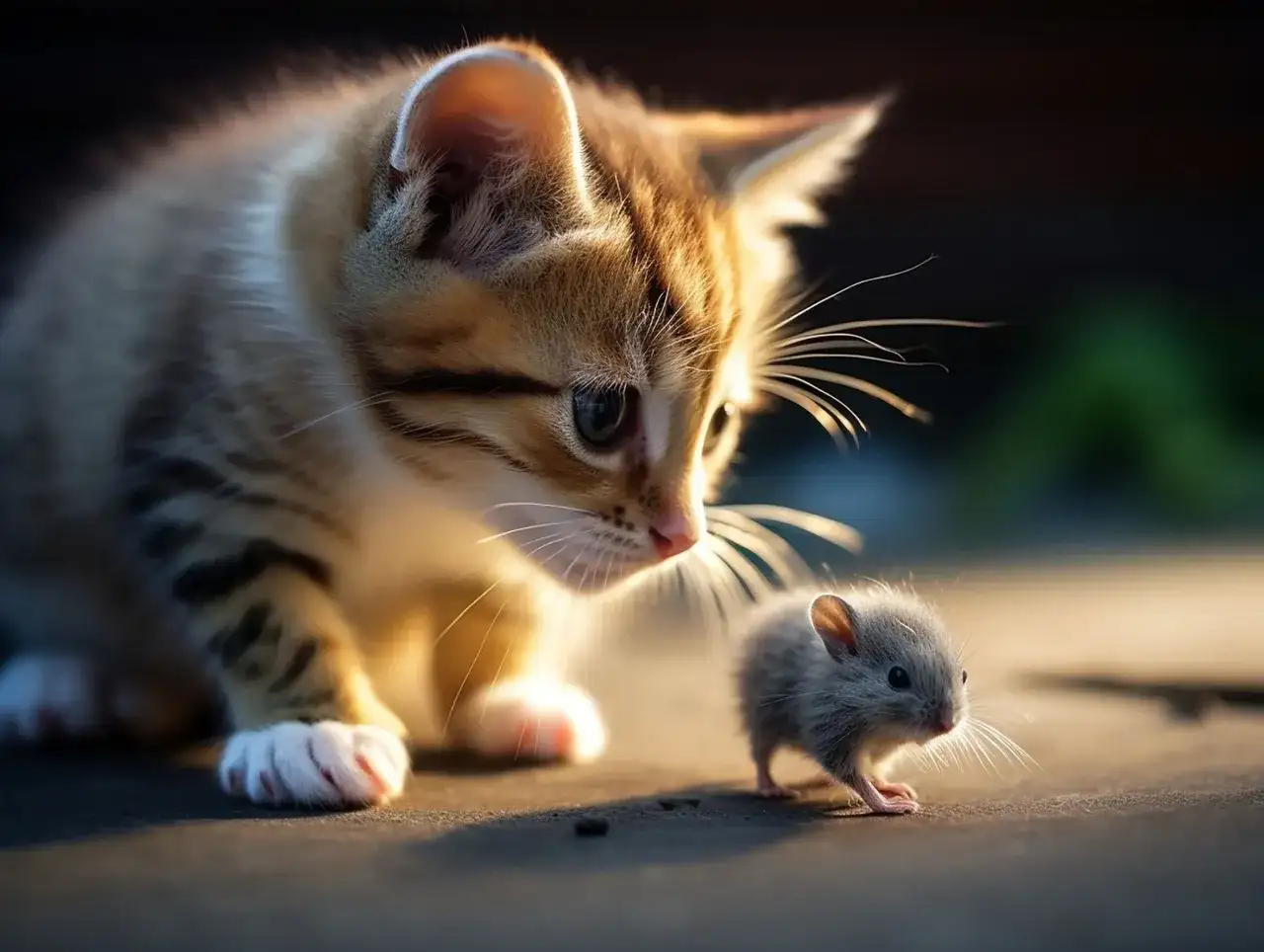 Mały kotek z zaciekawieniem obserwuje myszkę. Czy koty jedzą myszy? Ten maluch wygląda na zaintrygowanego, a nie głodnego.