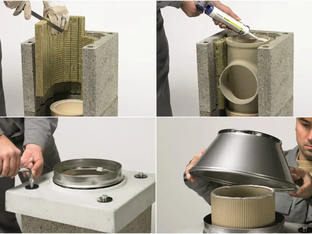 Montaż komina: izolacja, rura łącząca piec co z kominem, uszczelnienie i osłona.