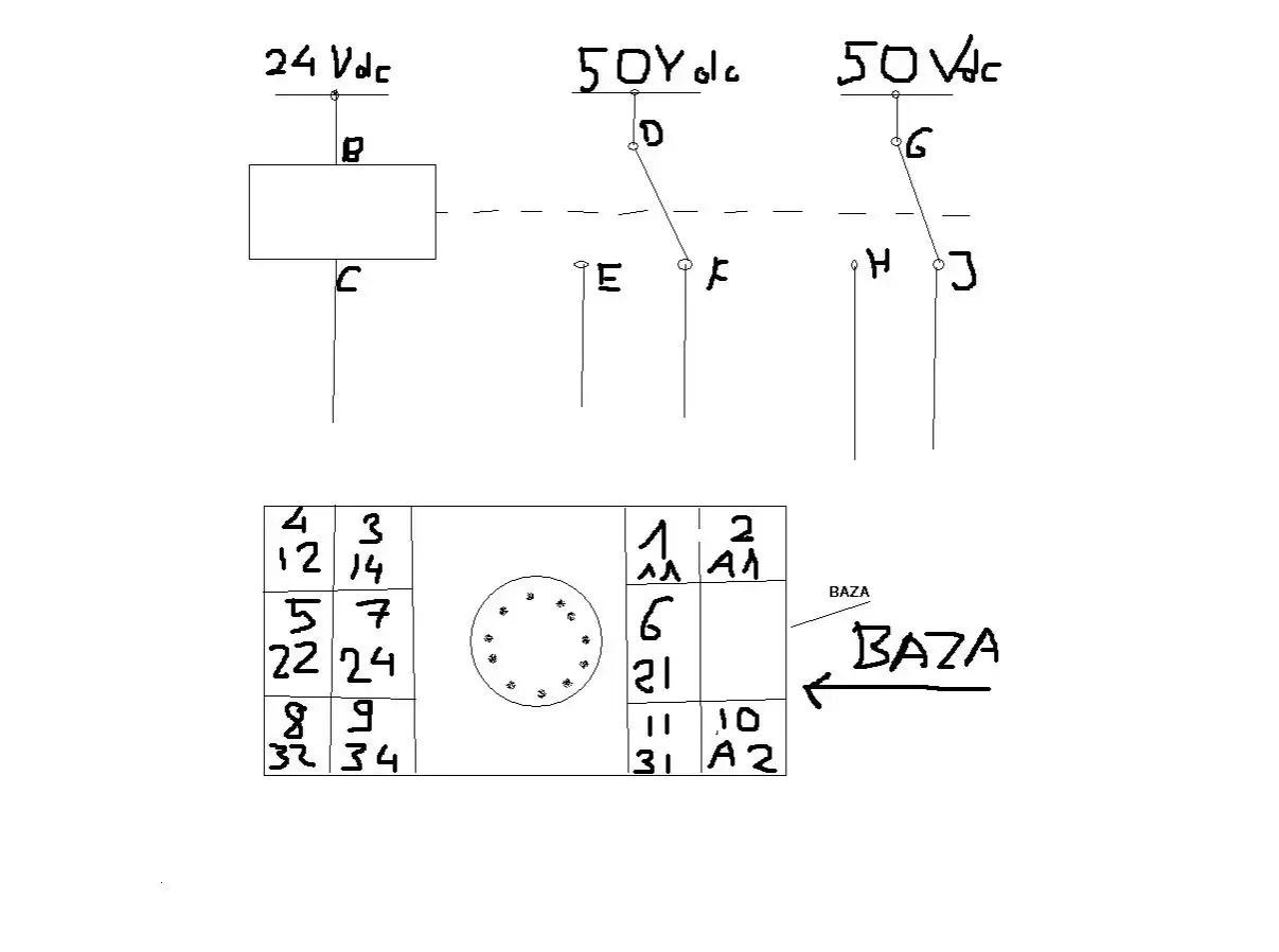 Schemat przedstawia oznaczenia styków przekaźnika, zasilanie 24 Vdc i 50 Vdc, oraz bazę z numeracją pinów.