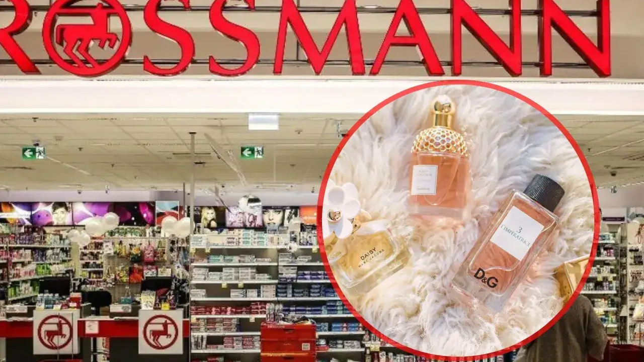Logo Rossmann i trzy flakoniki perfum na białym tle.