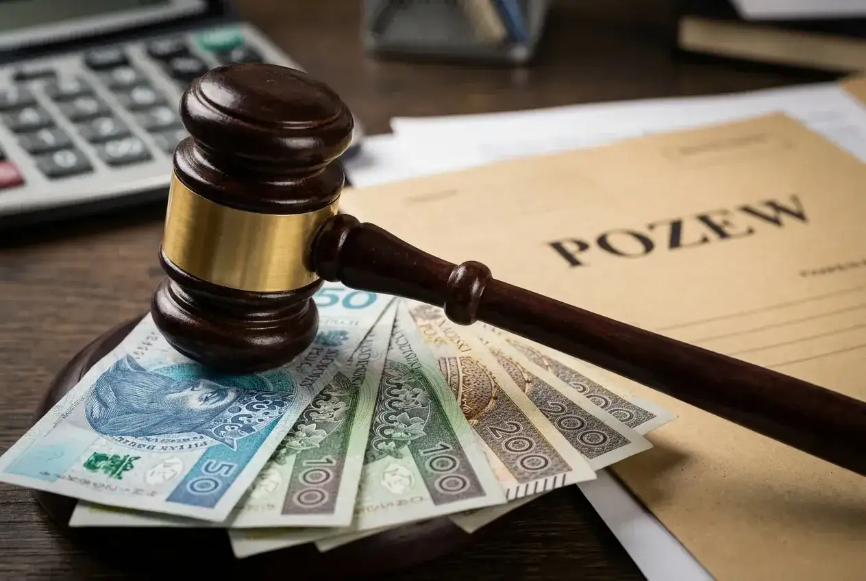Młotek sędziowski na banknotach i dokumentach z napisem "POZEW". Zastanawiasz się, ile kosztuje złożenie apelacji w sądzie?