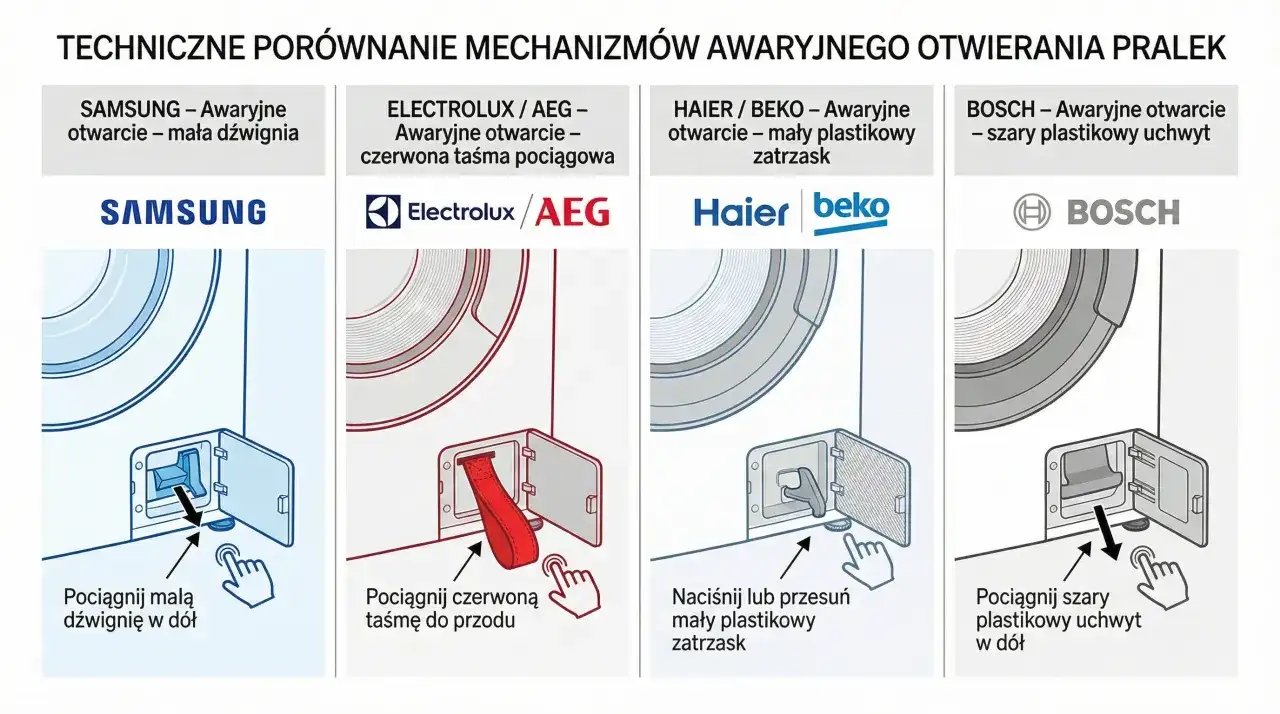 Ilustracja porównująca awaryjne otwieranie drzwi pralek marek Samsung, Electrolux/AEG, Haier/Beko i Bosch.