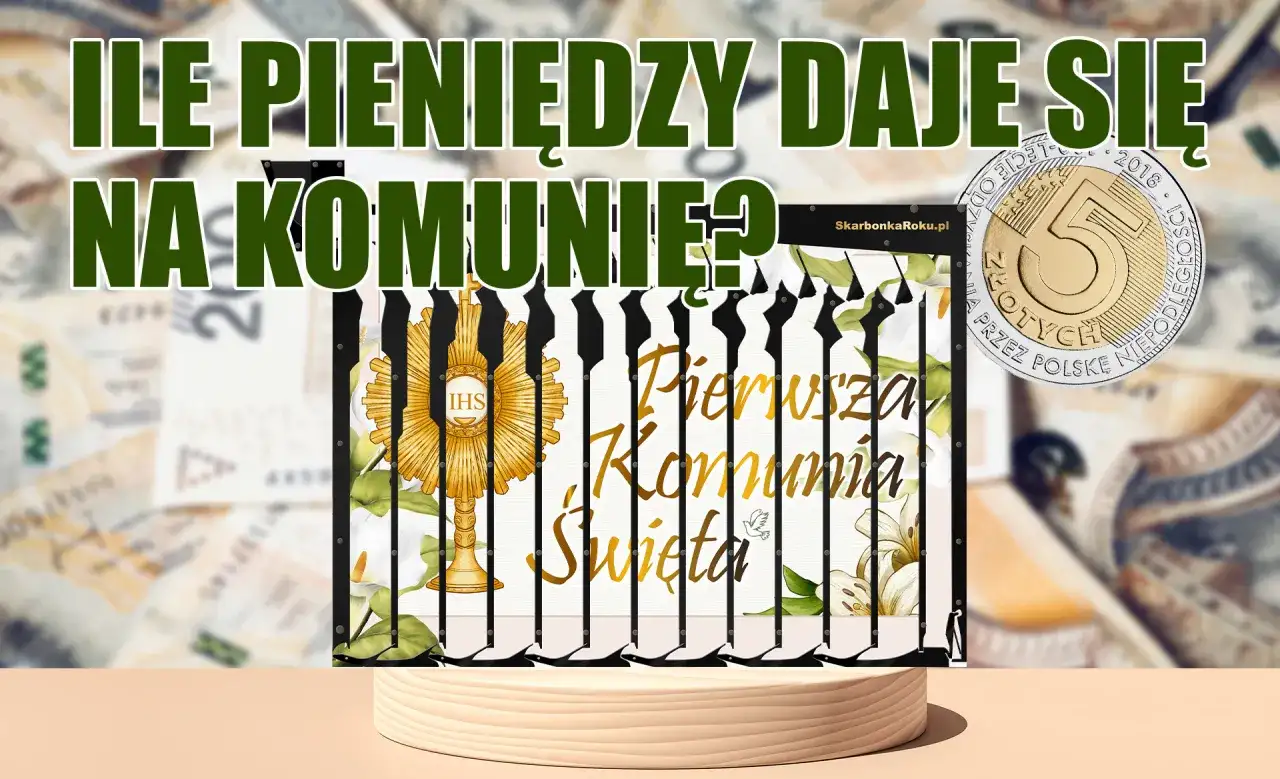 Monstrancja, moneta 5 zł i tekst "Ile pieniędzy daje się na komunię?" na tle banknotów.