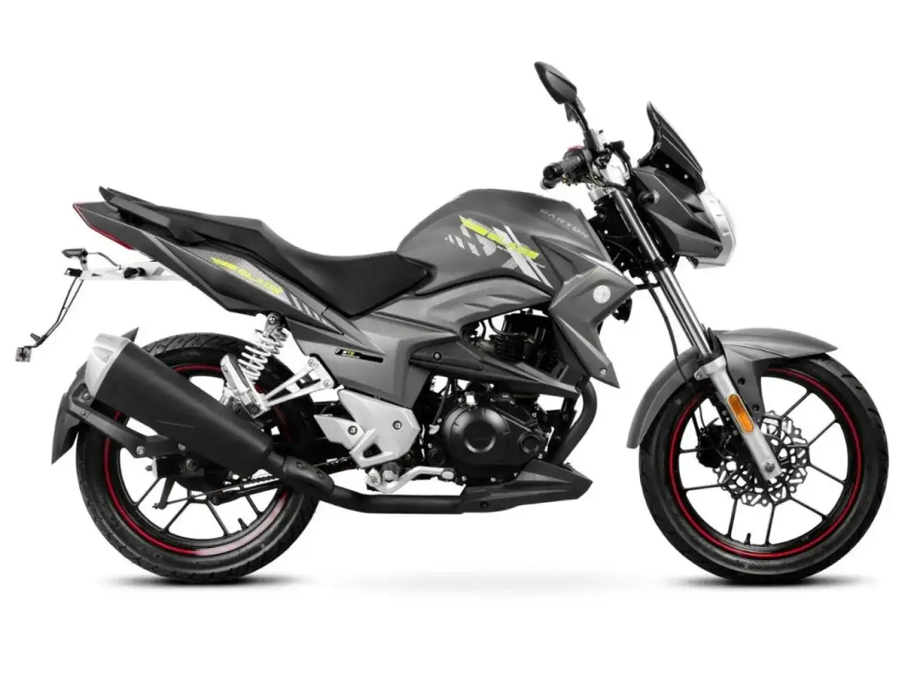 Szary motocykl Barton z żółtymi akcentami, idealny dla początkujących. Sprawdź, jakim motorem można jeździć bez prawa jazdy.