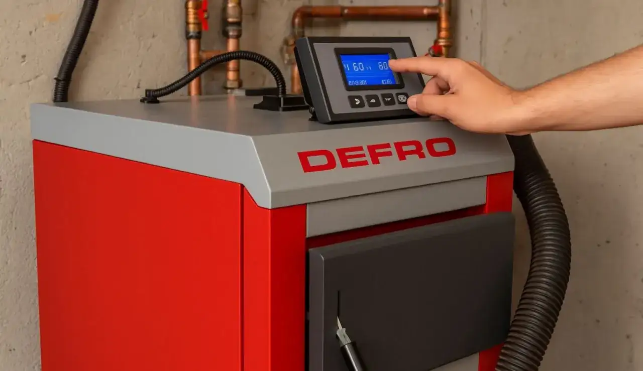 Dłoń dotyka panelu sterowania pieca Defro, szukając odpowiedzi, dlaczego piec Defro nie osiąga zadanej temperatury.