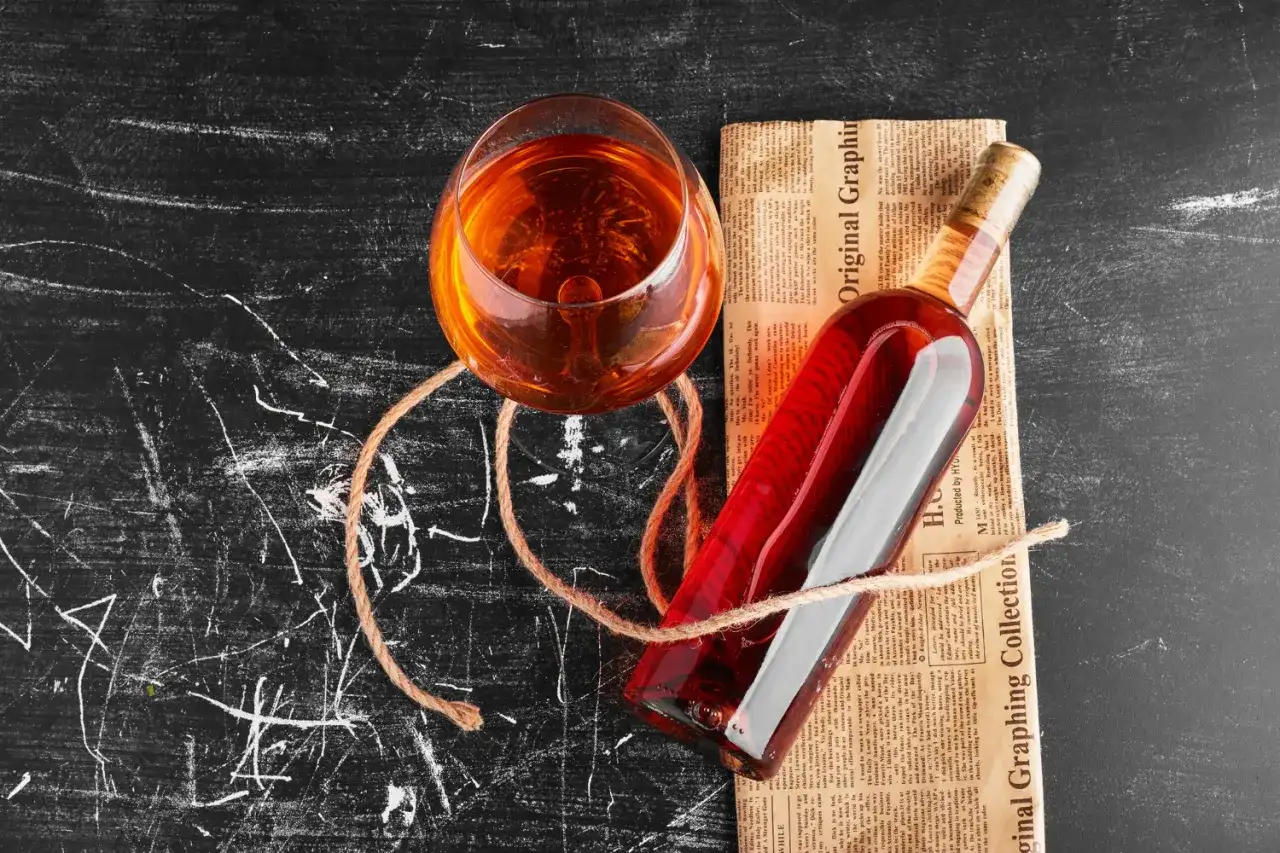 Szklanka z bursztynowym płynem i butelka wina na gazecie. Zastanawiasz się, ile alkoholu można przywieźć z Hiszpanii do Polski?