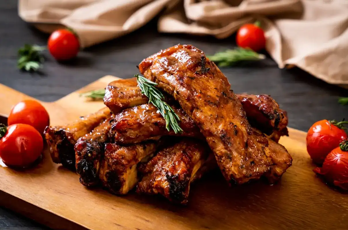 Soczyste żeberka BBQ na desce z pomidorkami i rozmarynem. Idealne do grillowania, świetnie smakują z tym, co pasuje do żeberek.