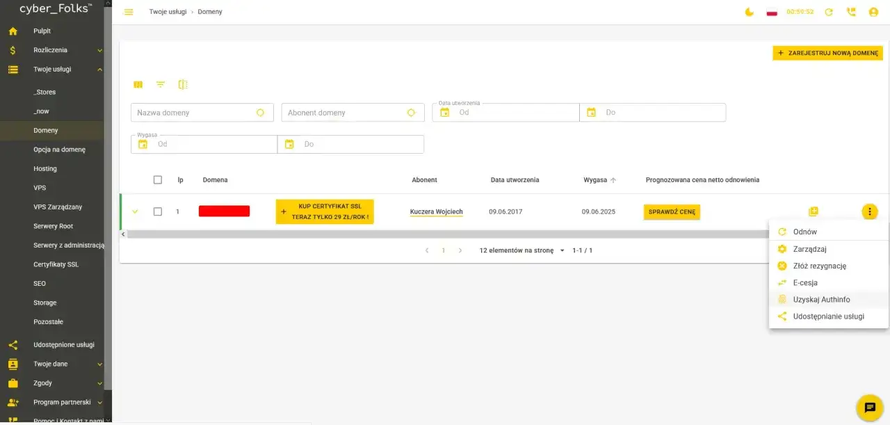 Panel zarządzania domenami. Widoczna opcja "Uzyskaj Authinfo", kluczowa, gdy chcesz wiedzieć, jak przenieść domenę na inny hosting.