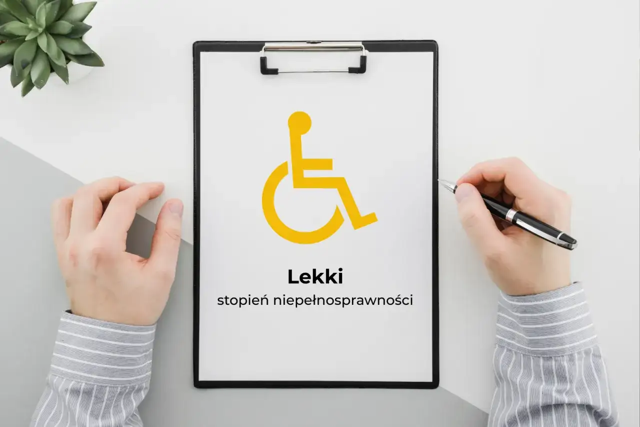 Na kartce widnieje symbol osoby na wózku inwalidzkim i napis "Lekki stopień niepełnosprawności".