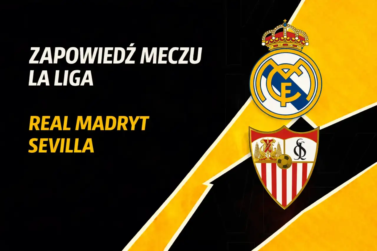 Zapowiedź meczu La Liga: Real Madryt kontra Sevilla. Emblematy klubów Realu Madryt i Sevilli.