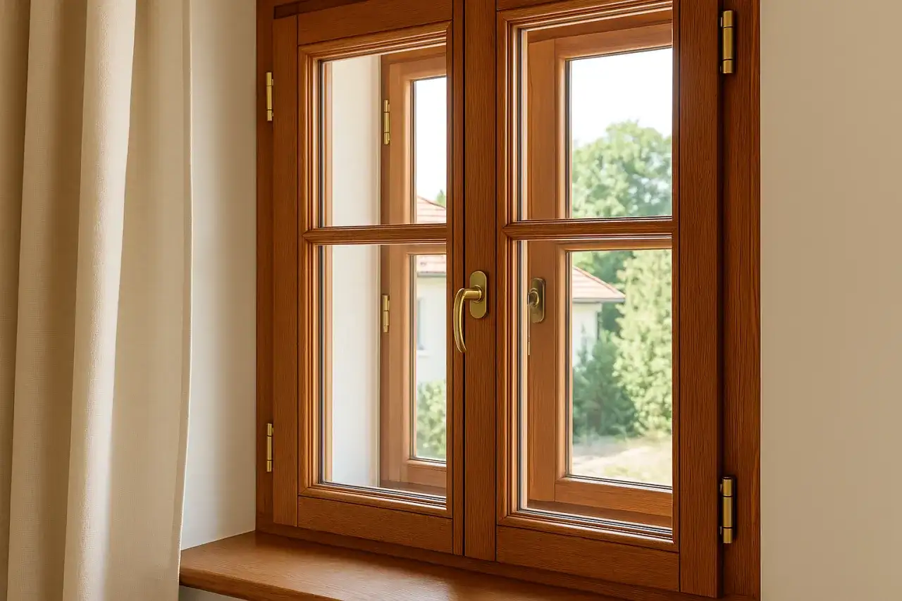 Piękne okna drewniane Wiktorczyk z mosiężnymi okuciami, widok na zielony ogród i dom.