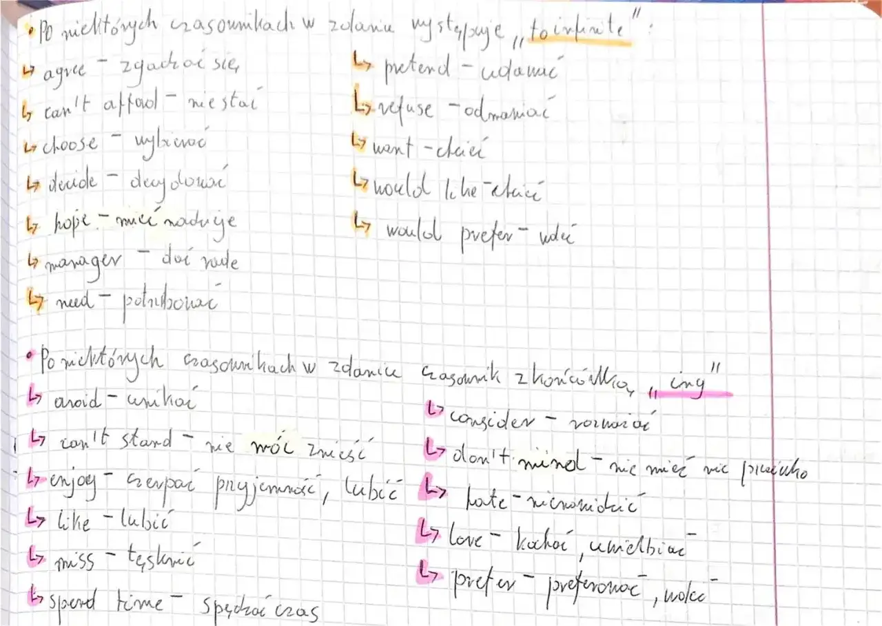 Lista czasowników, po których następuje "to infinite" lub forma z "ing".
