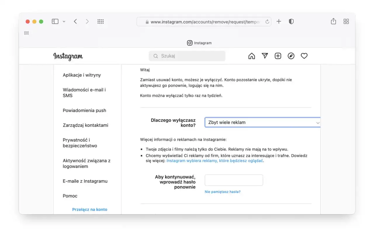 Strona Instagrama z opcją "jak usunąć konto na Instagram". Wybierz powód, np. "Zbyt wiele reklam", i wprowadź hasło.