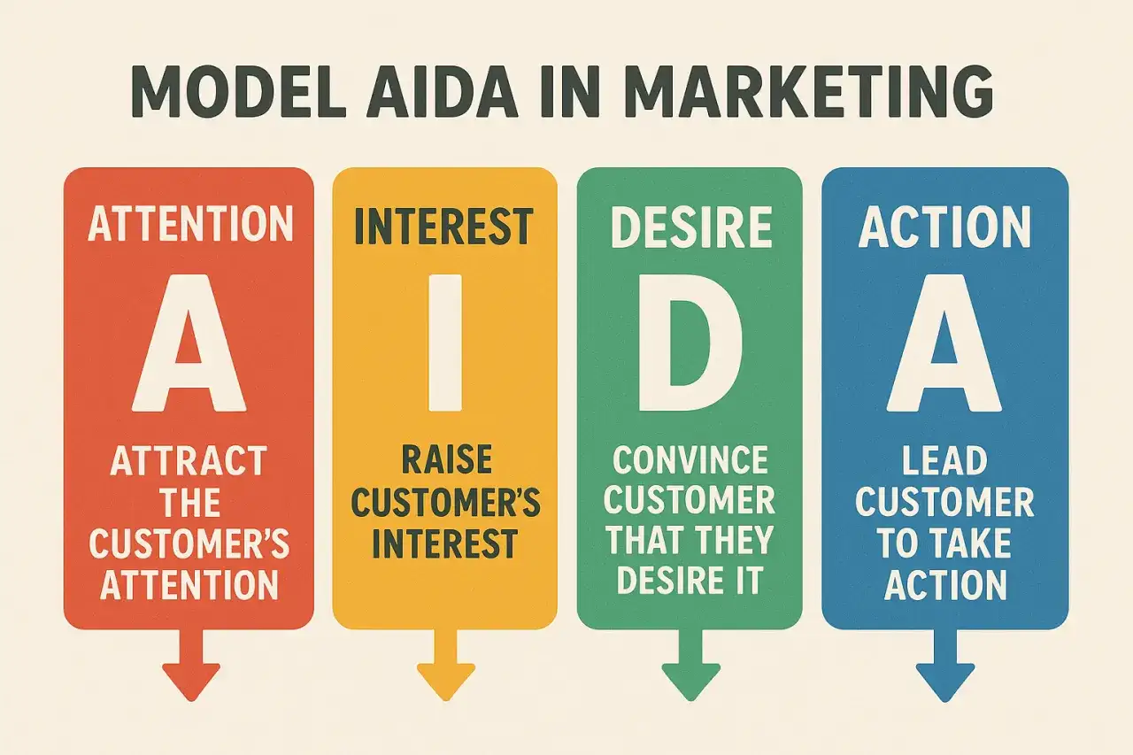 Model AIDA w marketingu: Uwaga, Zainteresowanie, Pożądanie, Działanie. Schemat procesu sprzedaży.
