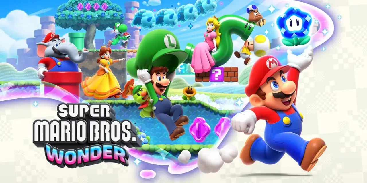 Mario, Luigi, Peach, Daisy, Yoshi, Goomba, Blooper i Słoń w kolorowym świecie Super Mario Bros. Wonder.
