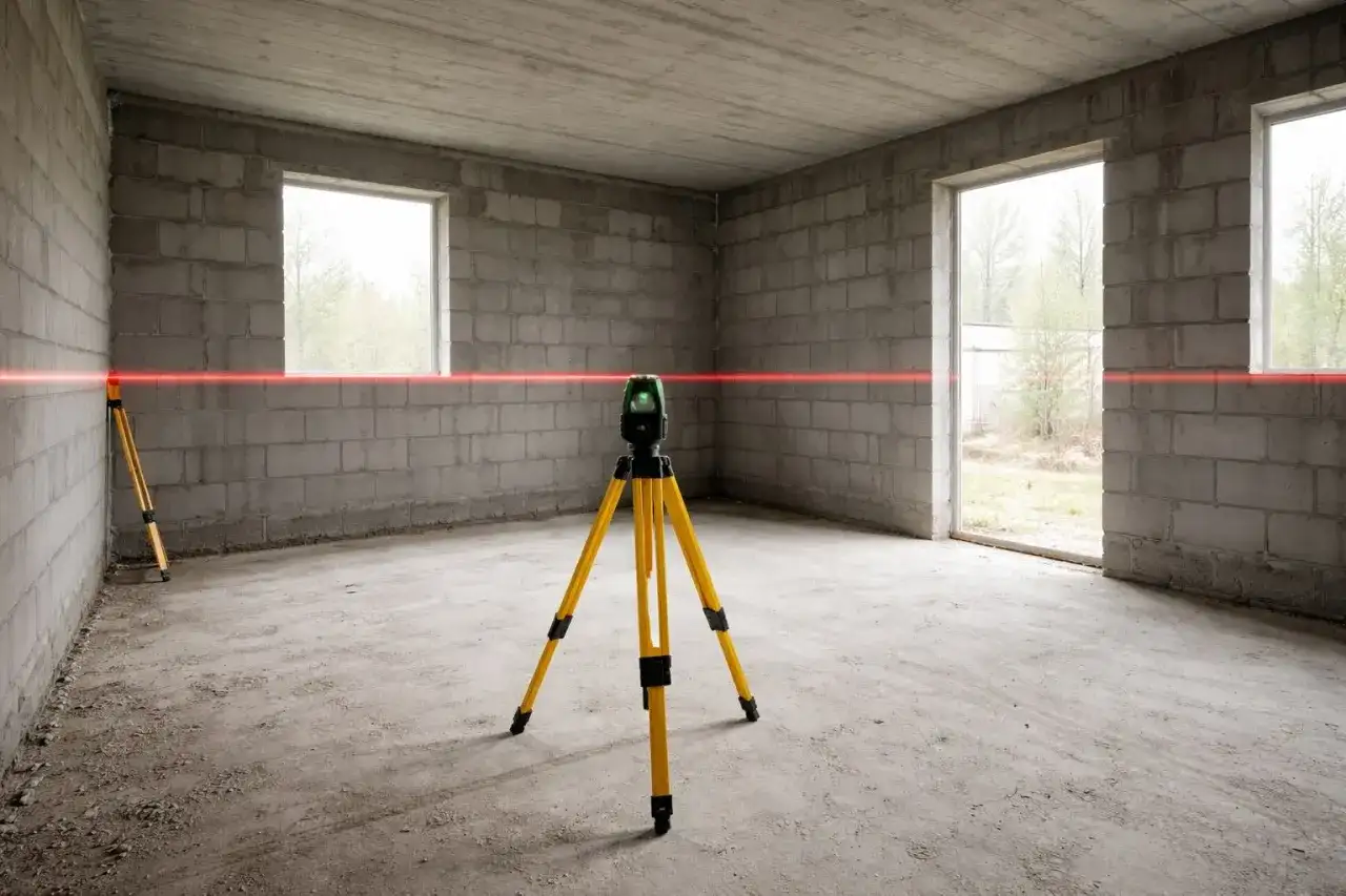 Laser krzyżowy na statywie wyznacza poziom zero ile nad gruntem. Czerwona linia biegnie wzdłuż ścian z pustaków.