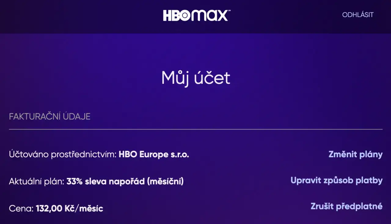 Ekran konta HBO Max z danymi rozliczeniowymi i opcjami zarządzania subskrypcją.