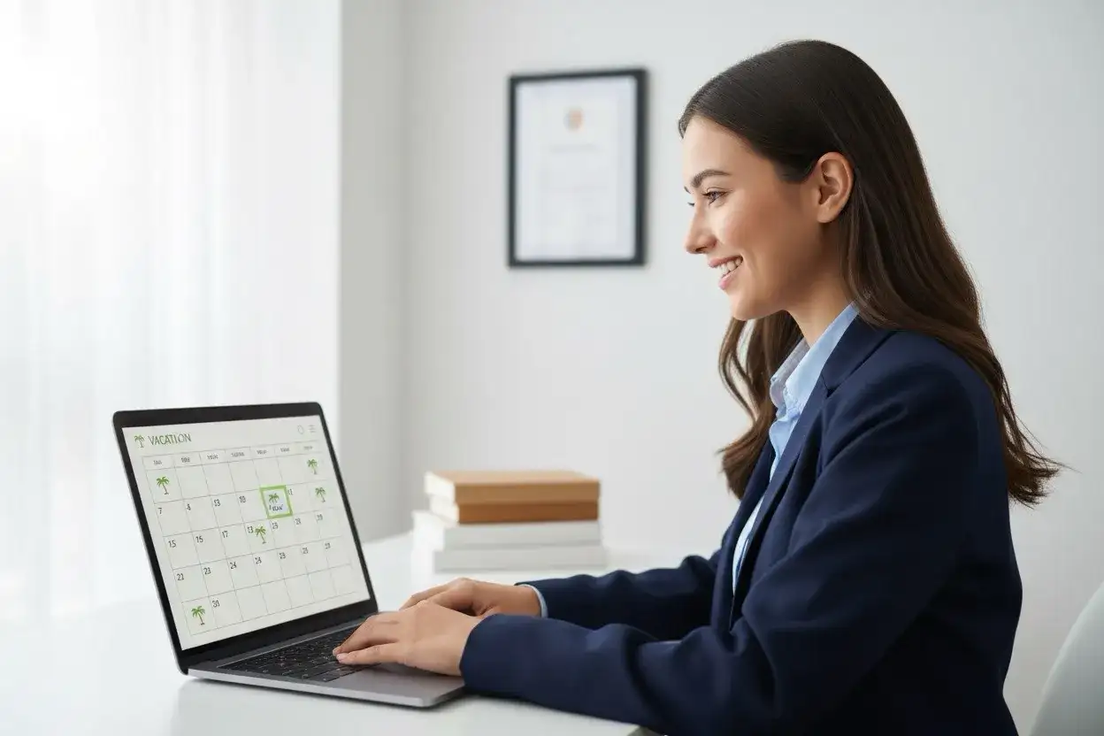 Uśmiechnięta kobieta planuje na laptopie ile dni urlopu po studiach, zaznaczając daty w kalendarzu.