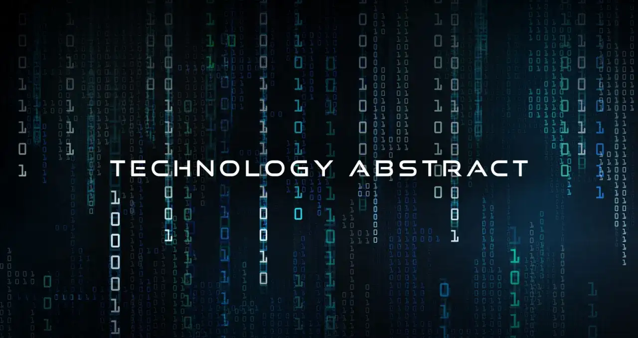 Cyfrowy deszcz zer i jedynek, jak przelozyc zdanie na system binarny. Napis "TECHNOLOGY ABSTRACT" w centrum.