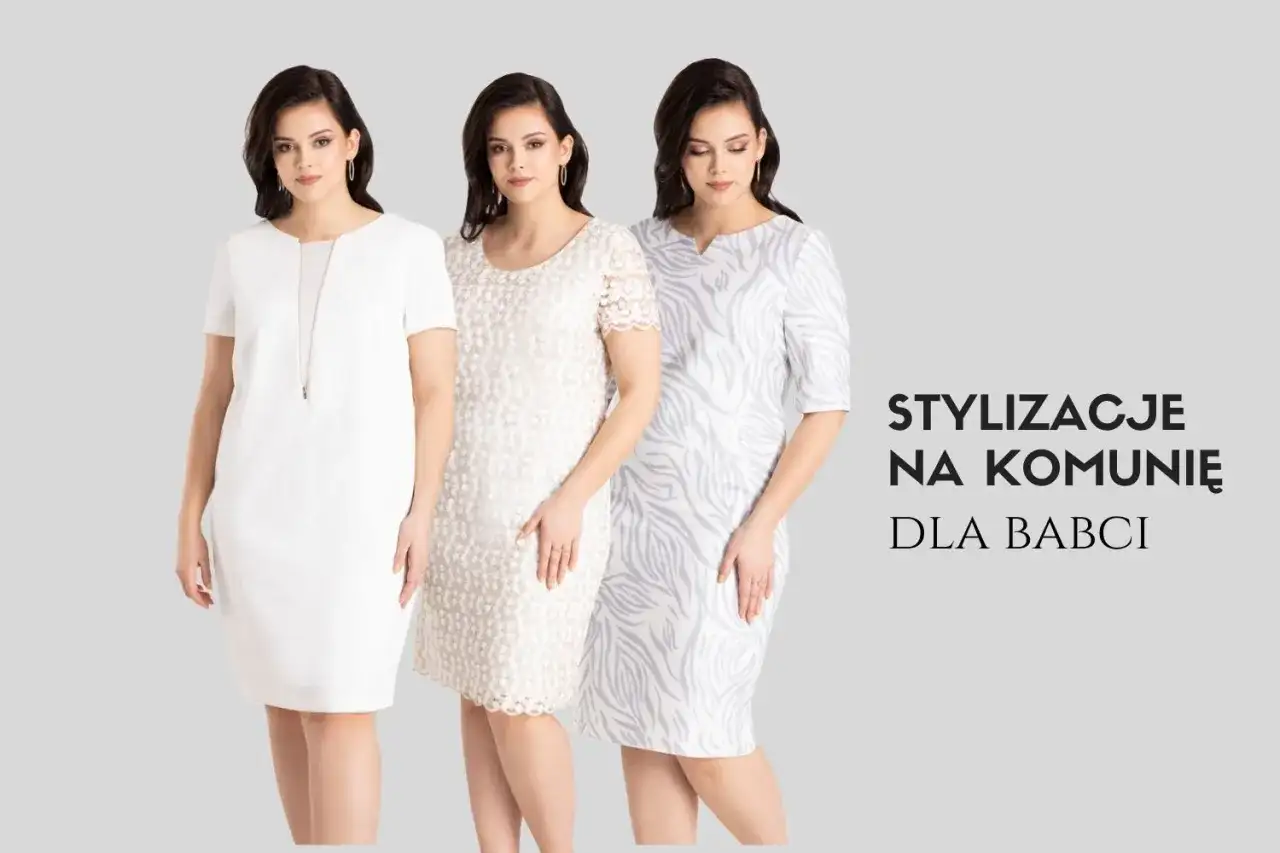 Eleganckie stylizacje na komunię dla babci: trzy kobiety prezentują białe i wzorzyste sukienki.