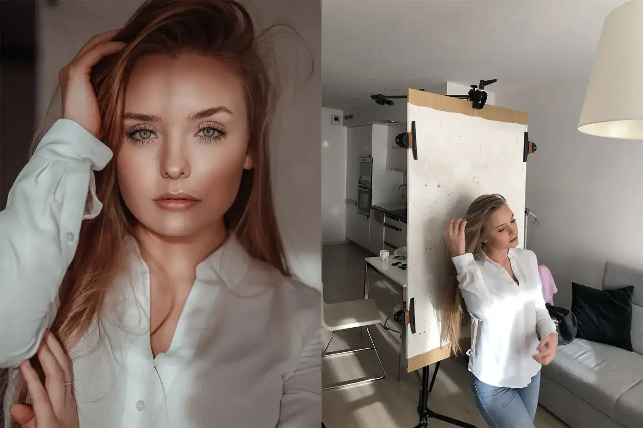 Piękna blondynka w białej koszuli podczas sesji zdjęciowej w domu. Pomysły na domowe fotografie.