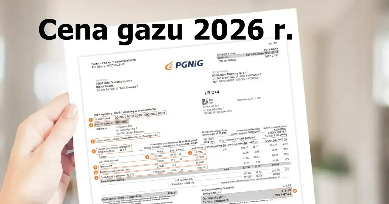 Fragment faktury za gaz z widocznym tekstem "Cena gazu 2026 r." i danymi rozliczeniowymi.