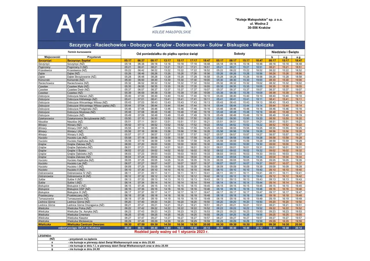 Rozkład jazdy A17: Szczyrzyc - Raciechowice - Dobczyce - Myślenice. Kursy od poniedziałku do niedzieli.