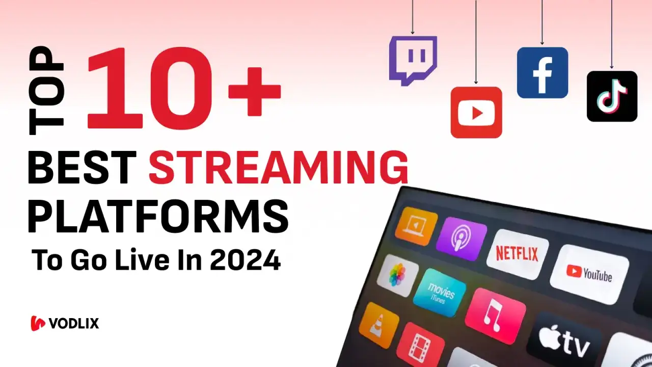 Top 10+ najlepsza platforma streamingowa do transmisji na żywo w 2024 roku. Ikony Twitch, YouTube, Facebook, TikTok i ekran z aplikacjami.