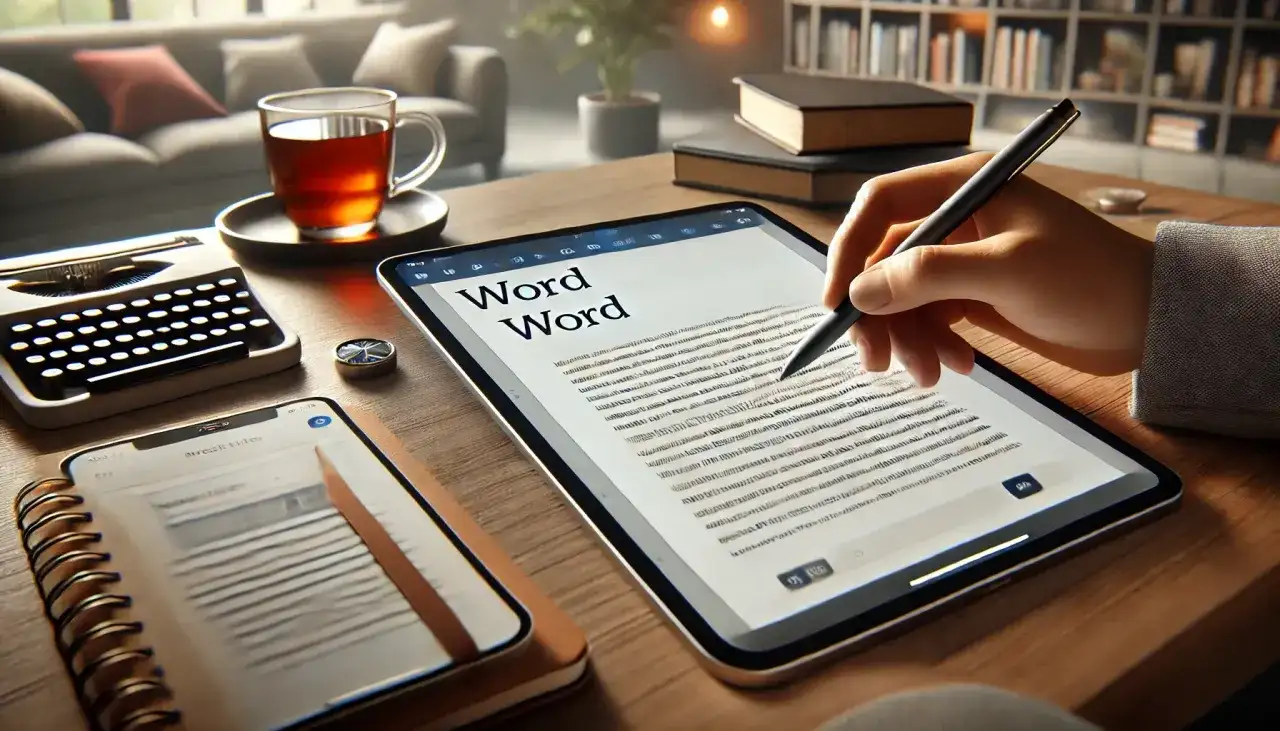 Dłoń pisząca na tablecie z tekstem "Word Word", obok kubek herbaty i telefon.