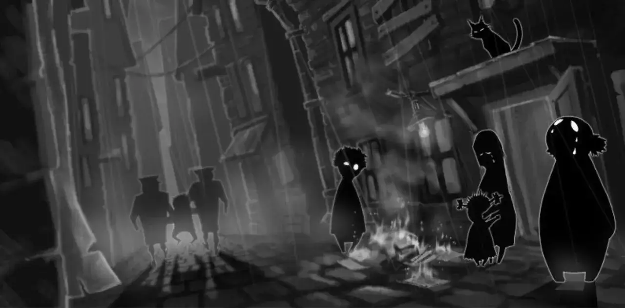 Mroczna uliczka, deszcz, sylwetki ludzi i czarny kot. W tle ognisko, a na pierwszym planie postacie przypominające beholder po polsku.