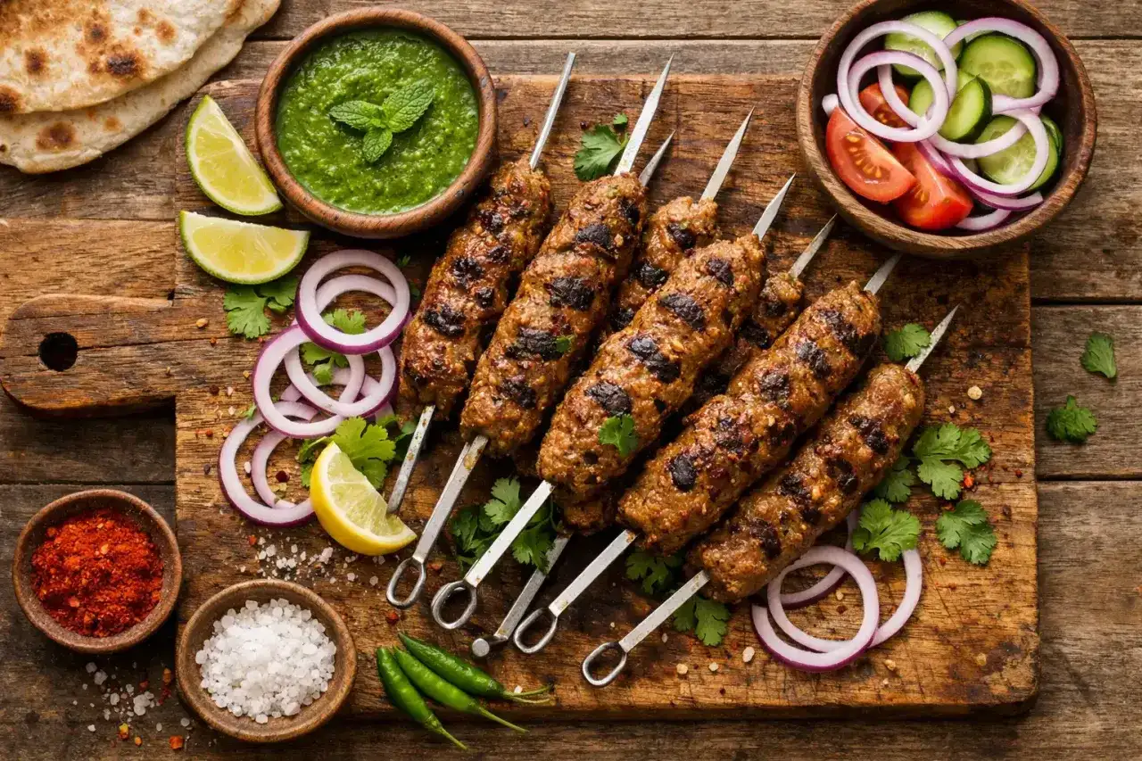 Grillowane kebaby na patykach z dodatkami: zielony sos, sałatka, cytryna, cebula, chili, sól i przyprawy.