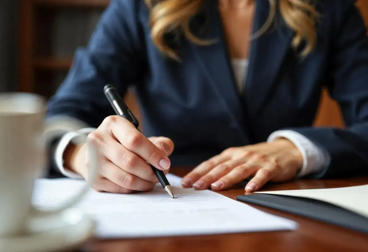Kobieta w garniturze podpisuje dokument. Rozporządzenie dotyczące taksy notarialnej jest kluczowe.