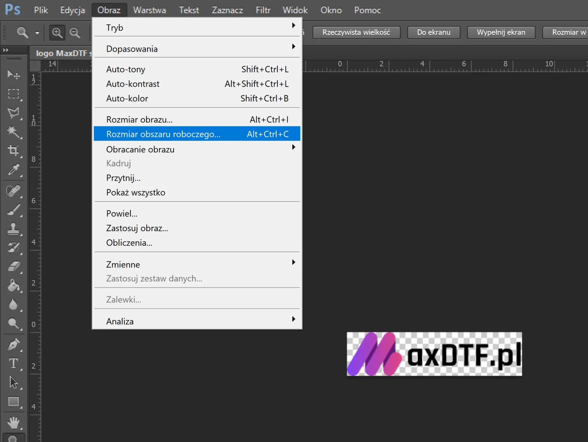 Jak zrobić logo MaxDTF.pl? W menu "Obraz" wybierz "Rozmiar obszaru roboczego..." (Alt+Ctrl+C).