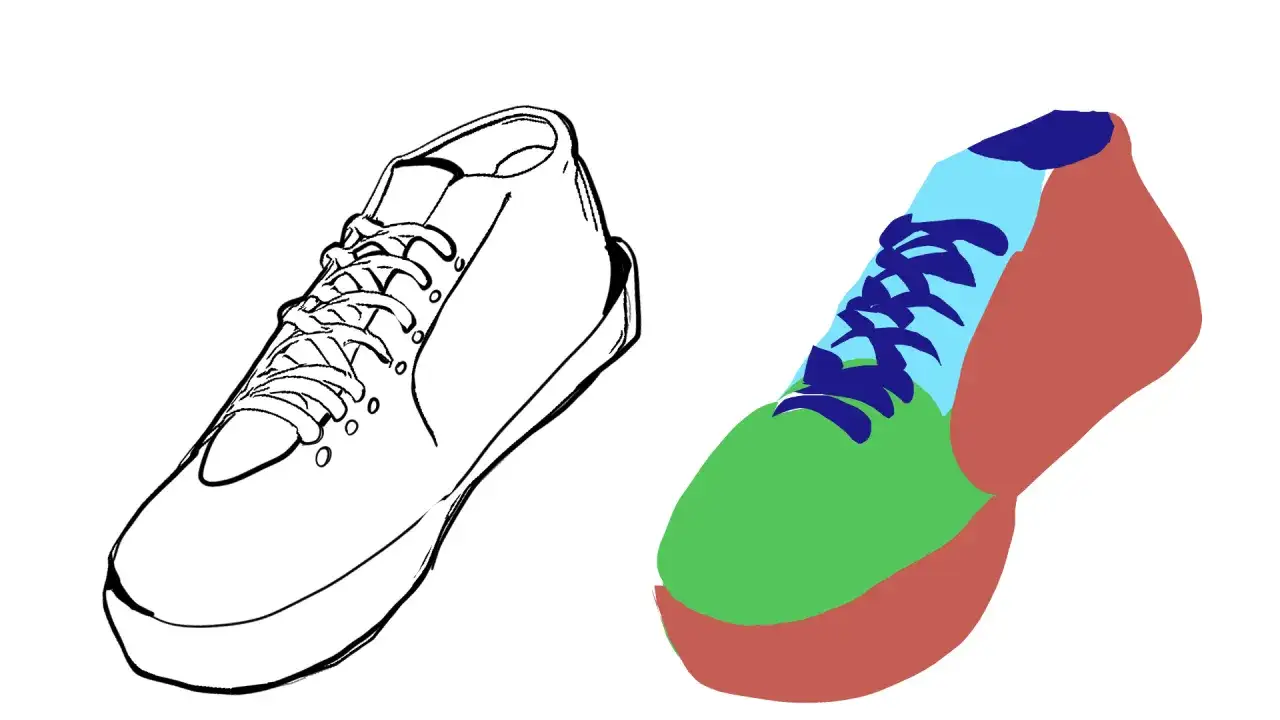 Skizze eines Sneakers neben einem farbigen, stilisierten Sneaker.