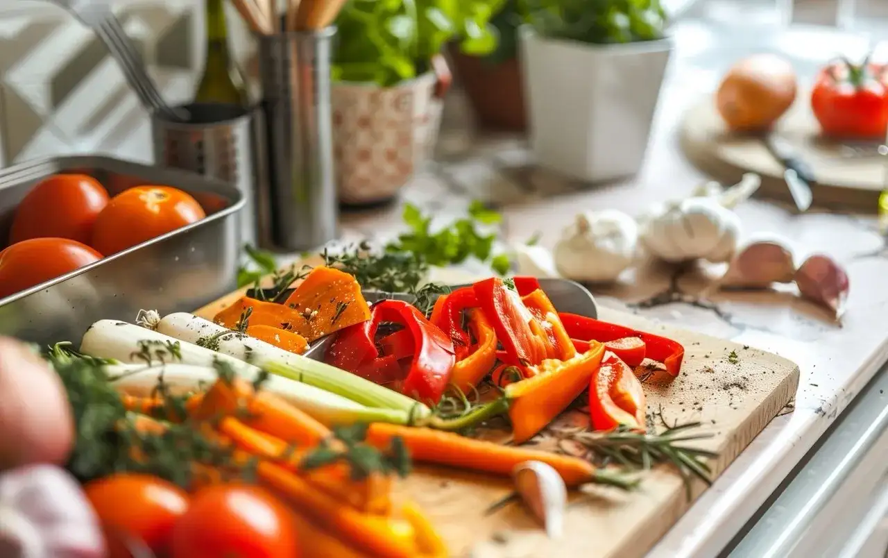 Kolorowe warzywa na desce: marchew, papryka, cebula, czosnek, pomidory. Idealne składniki do zdrowych dieta paleo przepisy.