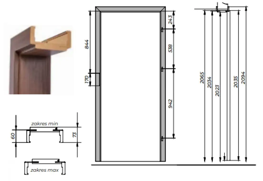 Drzwi 80: Wymiary otworu pod ościeżnicę stałą i regulowaną