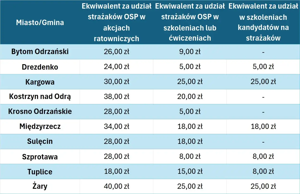 Tabela pokazuje, czy w OSP się zarabia. Widać stawki za udział w akcjach ratowniczych i szkoleniach w różnych gminach.